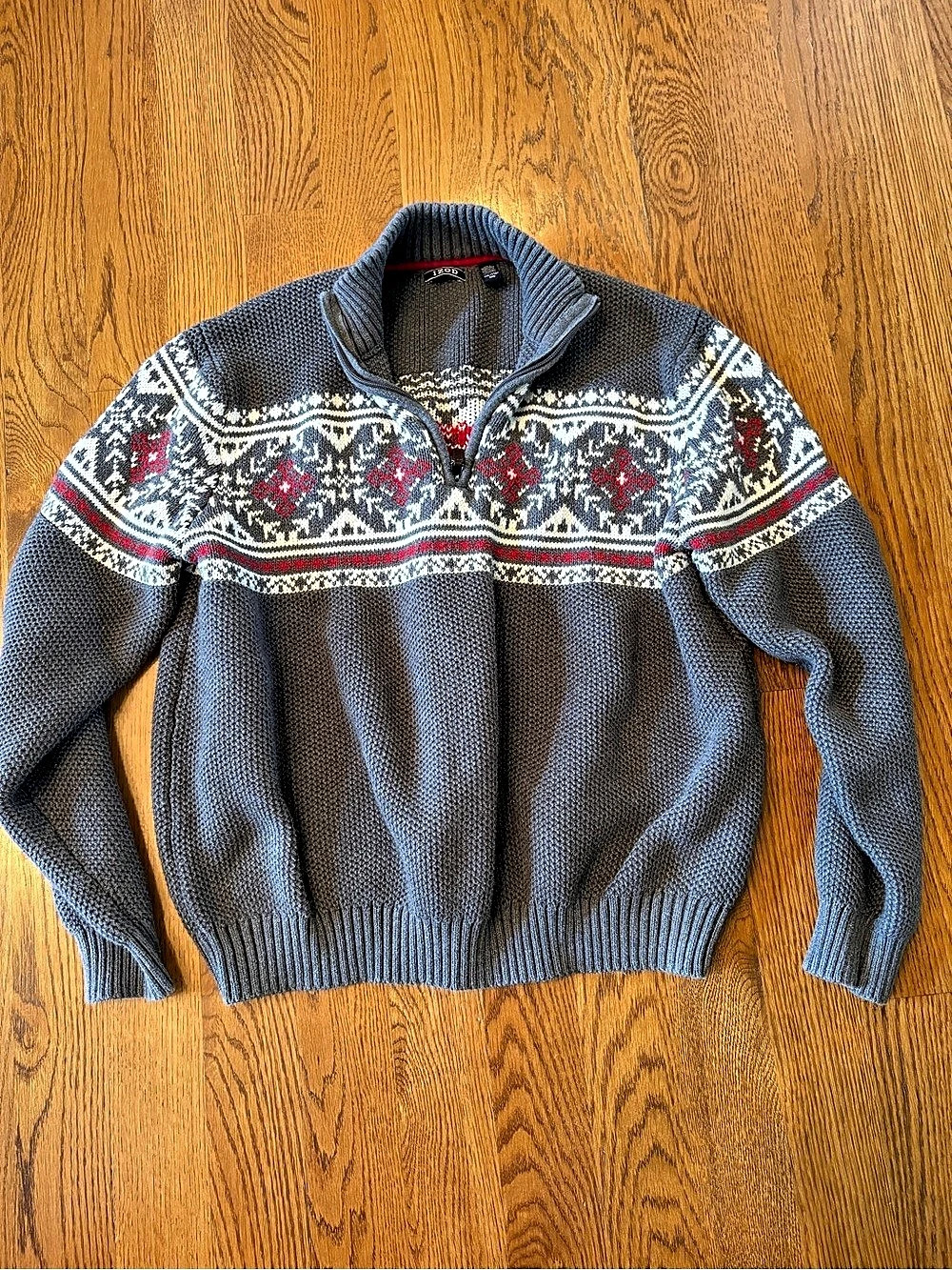 Vintage IZOD Fair Isle Sweater Gray & Red XL holiday